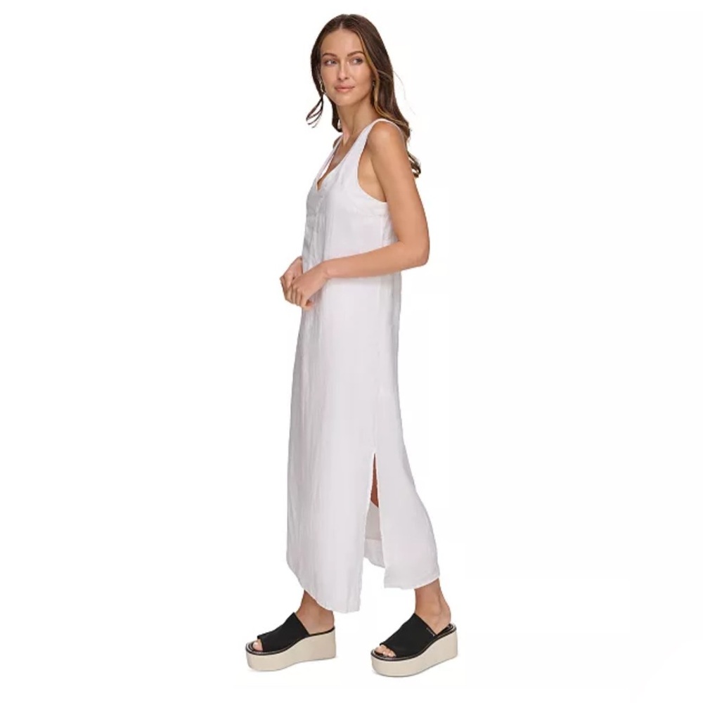 DKNY Linen Blend Maxi Dress Large Crisp White Minimalist Coastal Vacation NWT